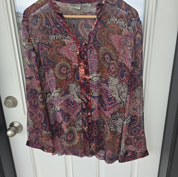 Chicos 100% Silk Paisley Blouse Sz  (S-M) Sheer Button Up Long Flare Sleeve Y2k - Picture 5 of 10